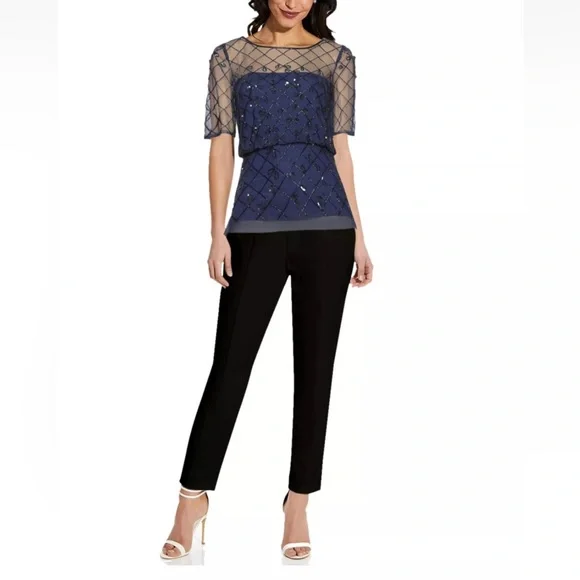 ADRIANNA PAPELL Beaded Sheer Zippered Short Sleeve Crew Neck Evening Top Reemoly - Picture 2 of 2